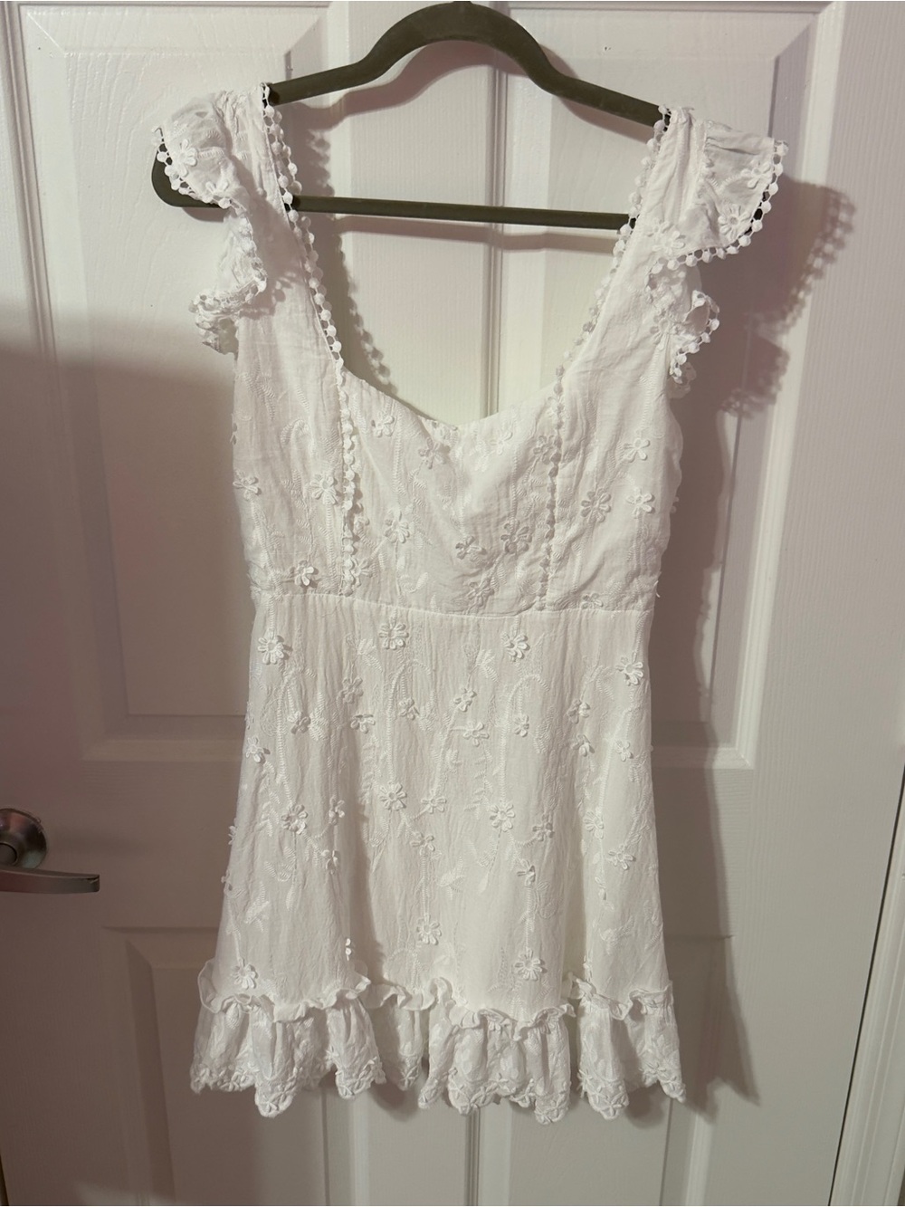 Altar'd State White Eyelet Floral Mini Dress with Ruffle Straps